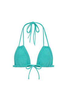 Teal bikini top with adjustable tie straps and bow closures at neckline and center front.