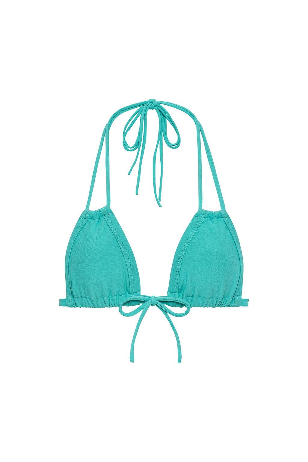 Teal bikini top with adjustable tie straps and bow closures at neckline and center front.