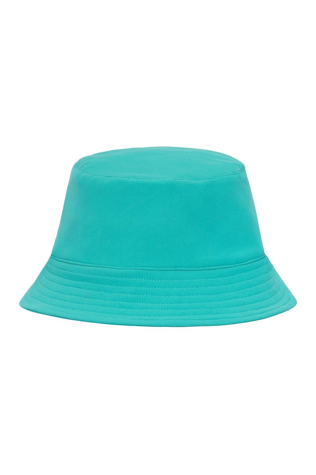 Teal bucket hat with quilted lower panel and rounded crown.