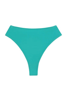 Teal high-waisted bikini bottom with wide leg openings and thong-style cut.