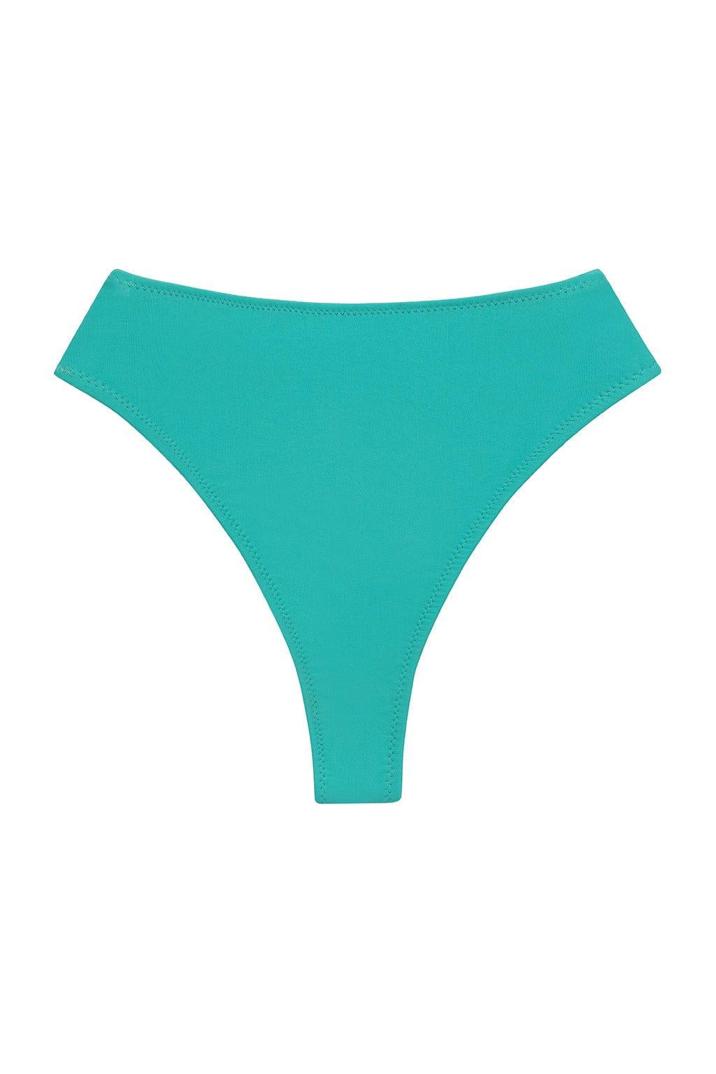 Teal high-waisted bikini bottom with wide leg openings and thong-style cut.