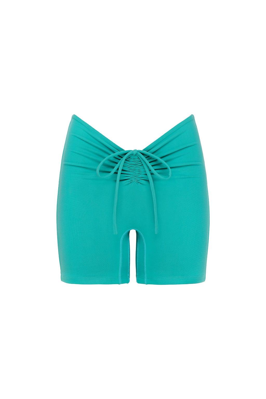 Teal shorts with a front cutout and drawstring tie closure at the waist.