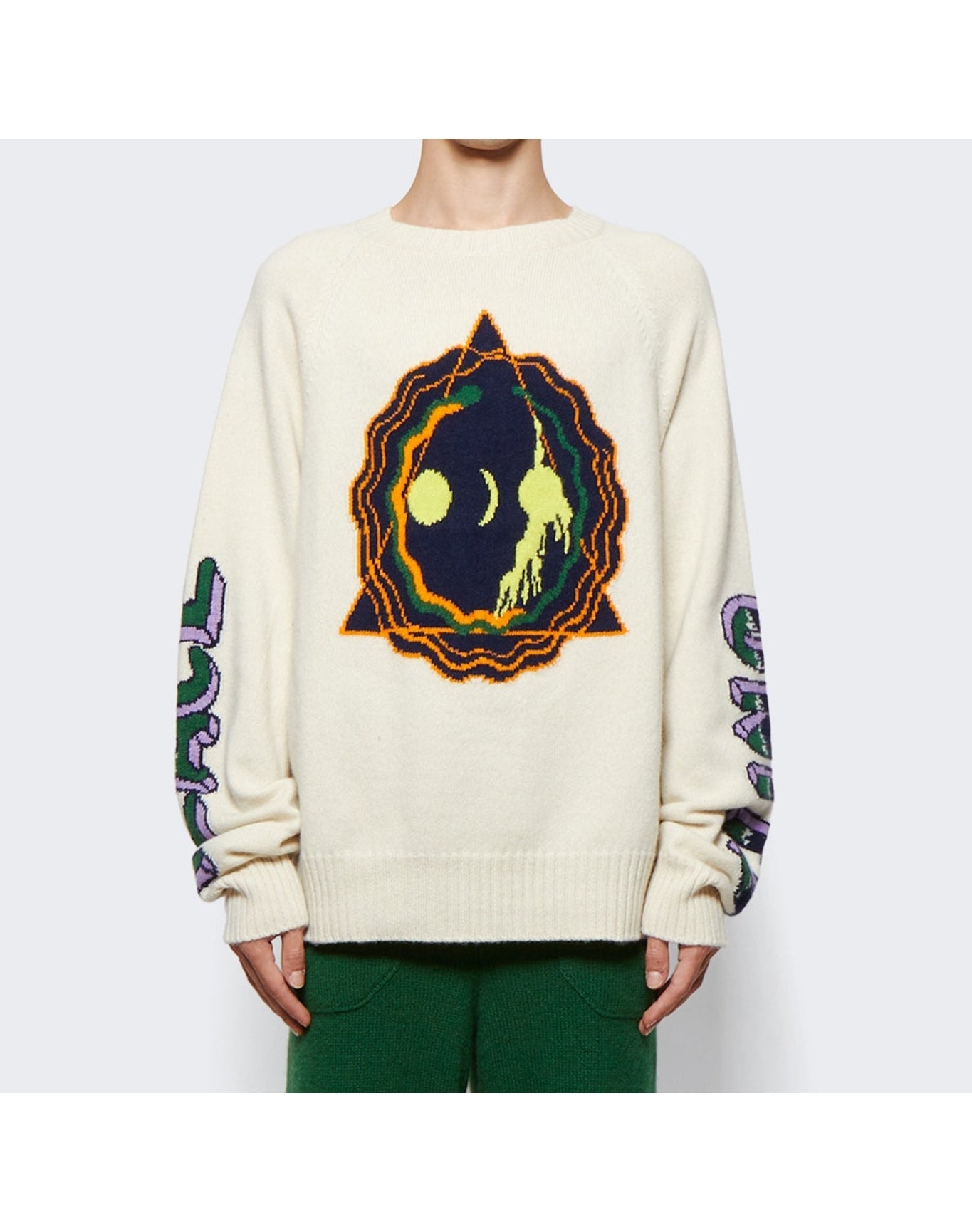 The Elder Statesman | Men | Peace Unity Raglan Crew Sweater | Ivory White