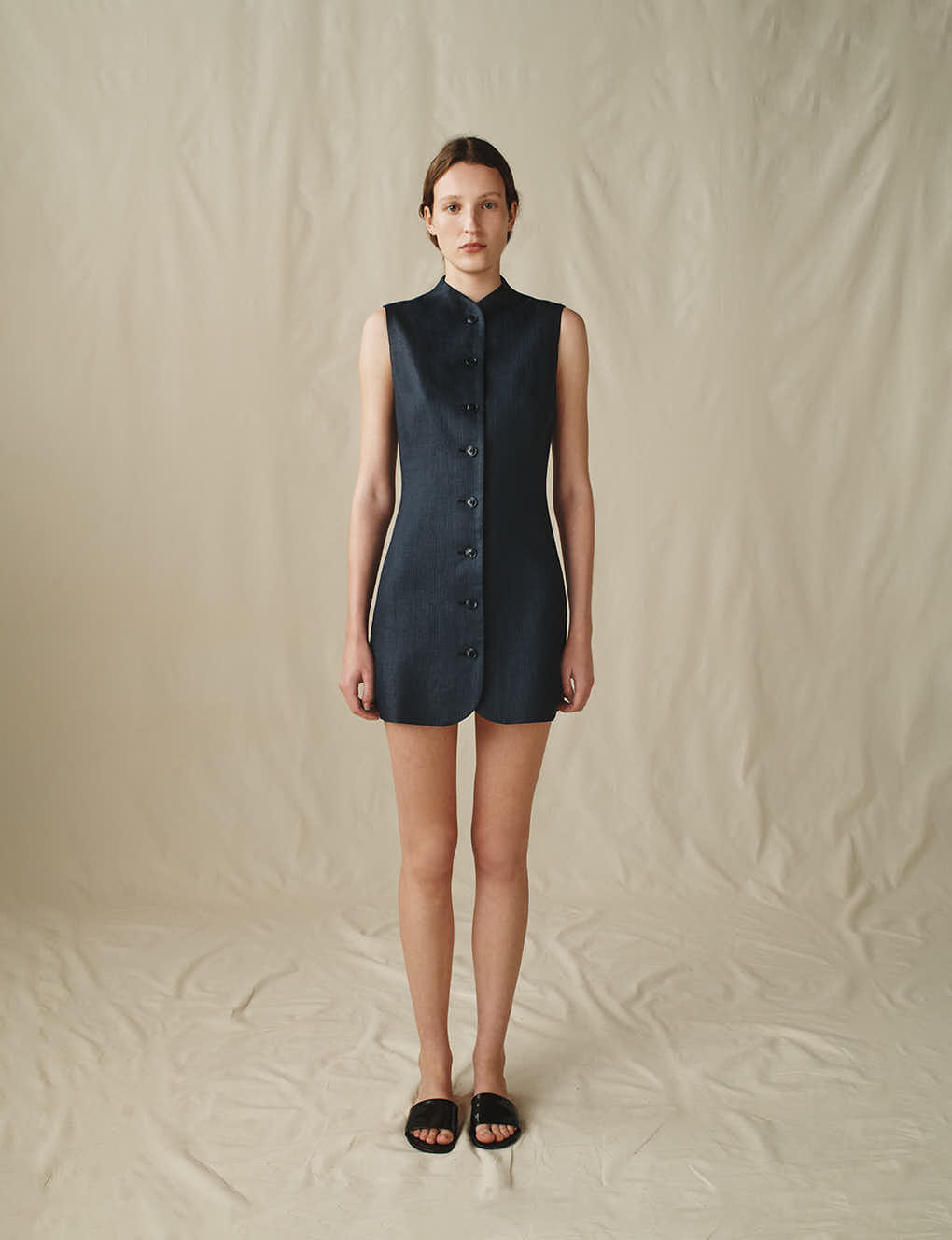 Womens | The Mini Dress in Linen Herringbone | Midnight