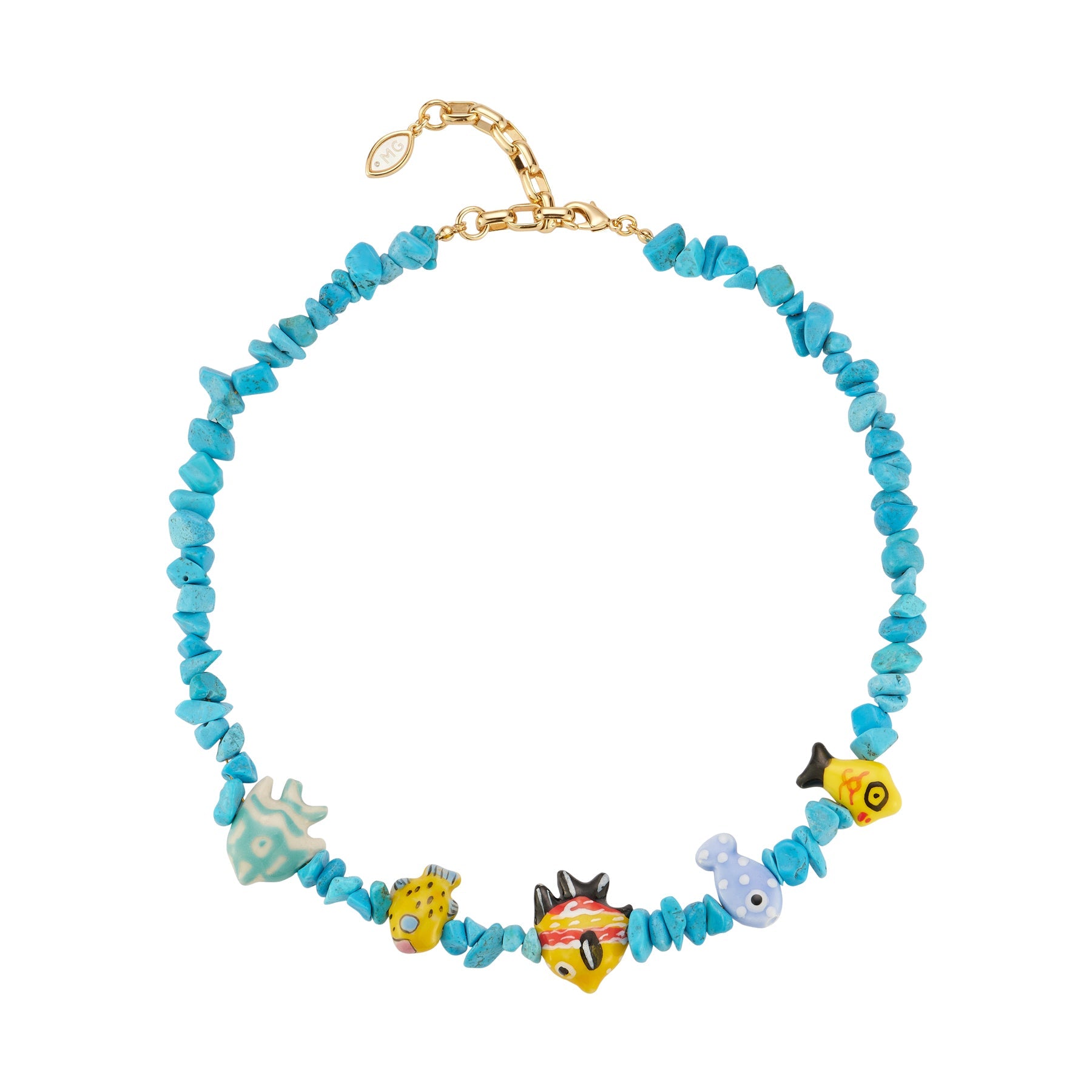 Blue Beaded Strand with Multi Colored Painted Fish Charms on Flat White Background