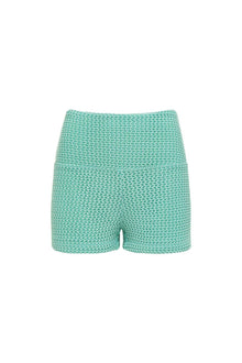 Turquoise crochet micro shorts with high waistband and textured knit pattern throughout.