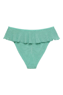 Turquoise crochet bikini bottom with textured knit fabric and ruffled waistband detail.