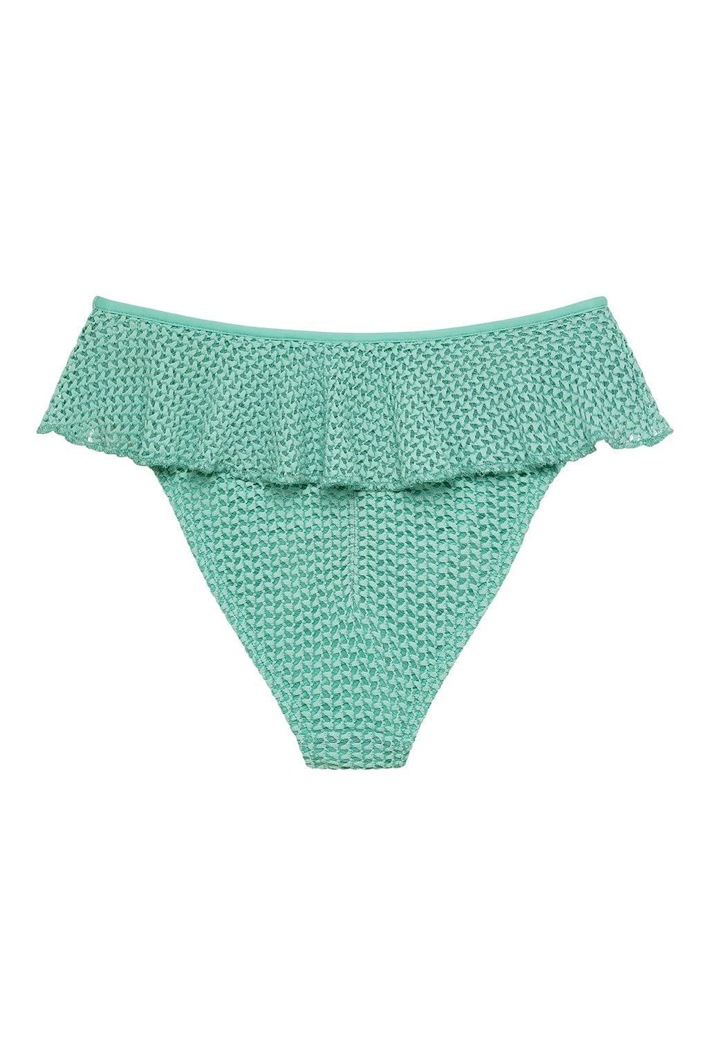Turquoise crochet bikini bottom with textured knit fabric and ruffled waistband detail.