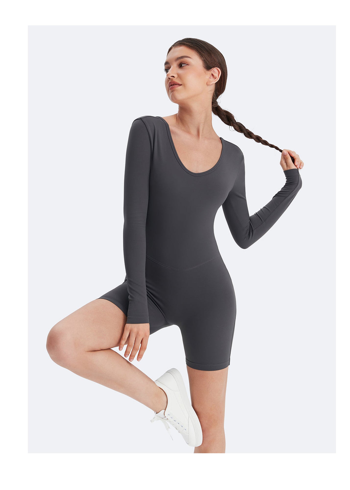 U-back Long Sleeve Bodysuit | Slate Gray
