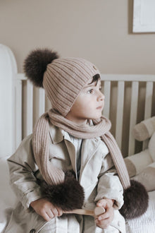 Unisex | Misha Ribbed Angora Hat Fur Pom | Beige x Brown