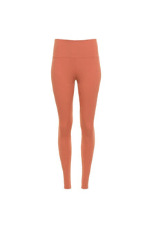 Coral ribbed legging with wide waistband and full-length fitted silhouette.
