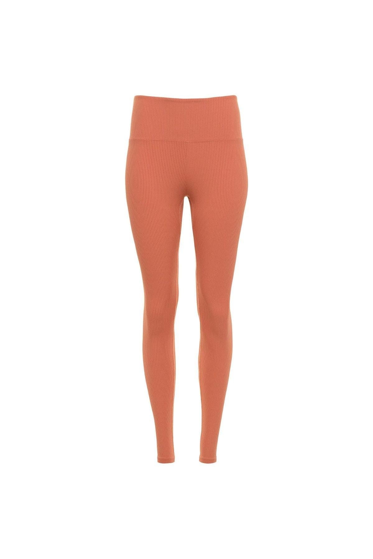 Coral ribbed legging with wide waistband and full-length fitted silhouette.