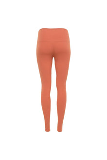 Coral ribbed legging with high waistband shown from back view.