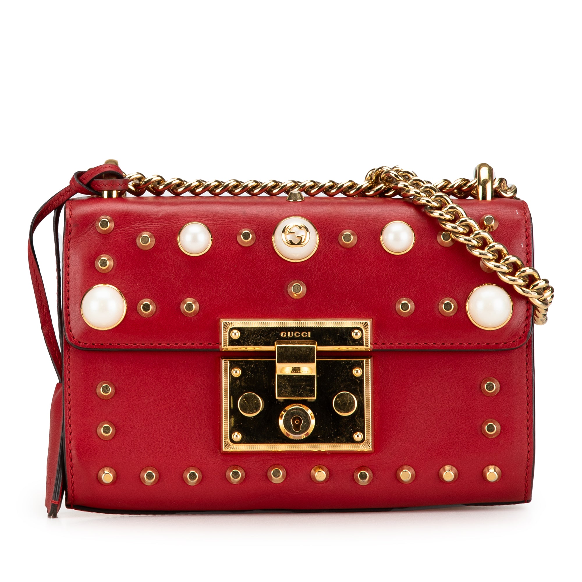 Gucci | Pre-Owned Small Pearl Studded Leather Padlock Crossbody | Red