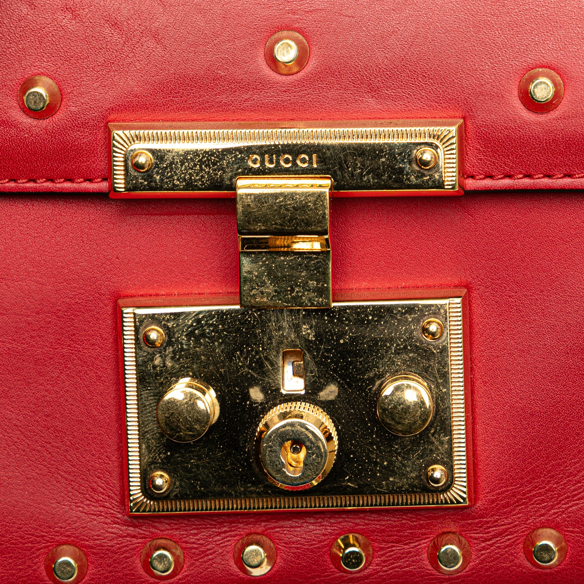 Gucci | Pre-Owned Small Pearl Studded Leather Padlock Crossbody | Red