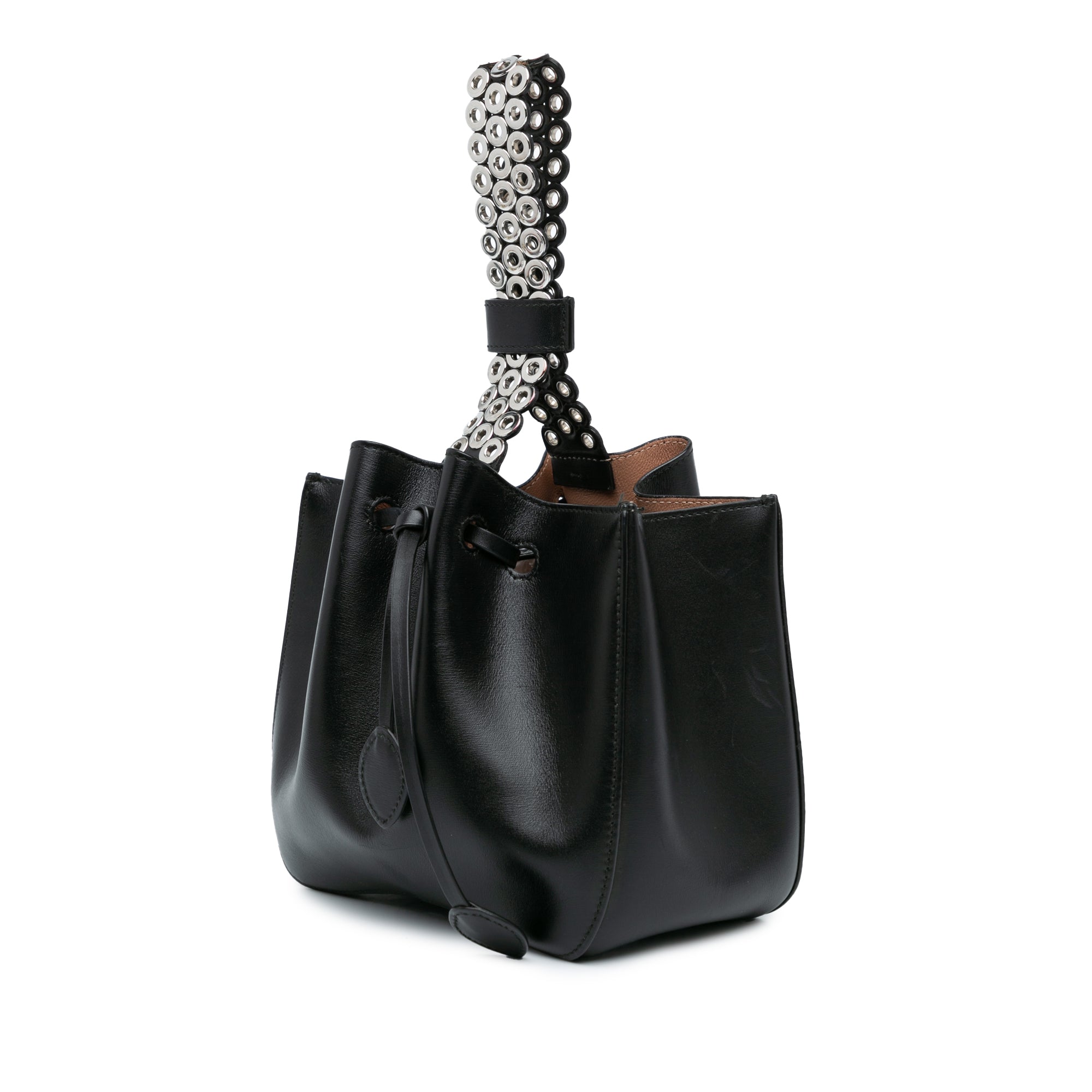 Alaïa | Pre-Owned Calfskin Eyelet Bracelet Embellished Bucket Bag | Black