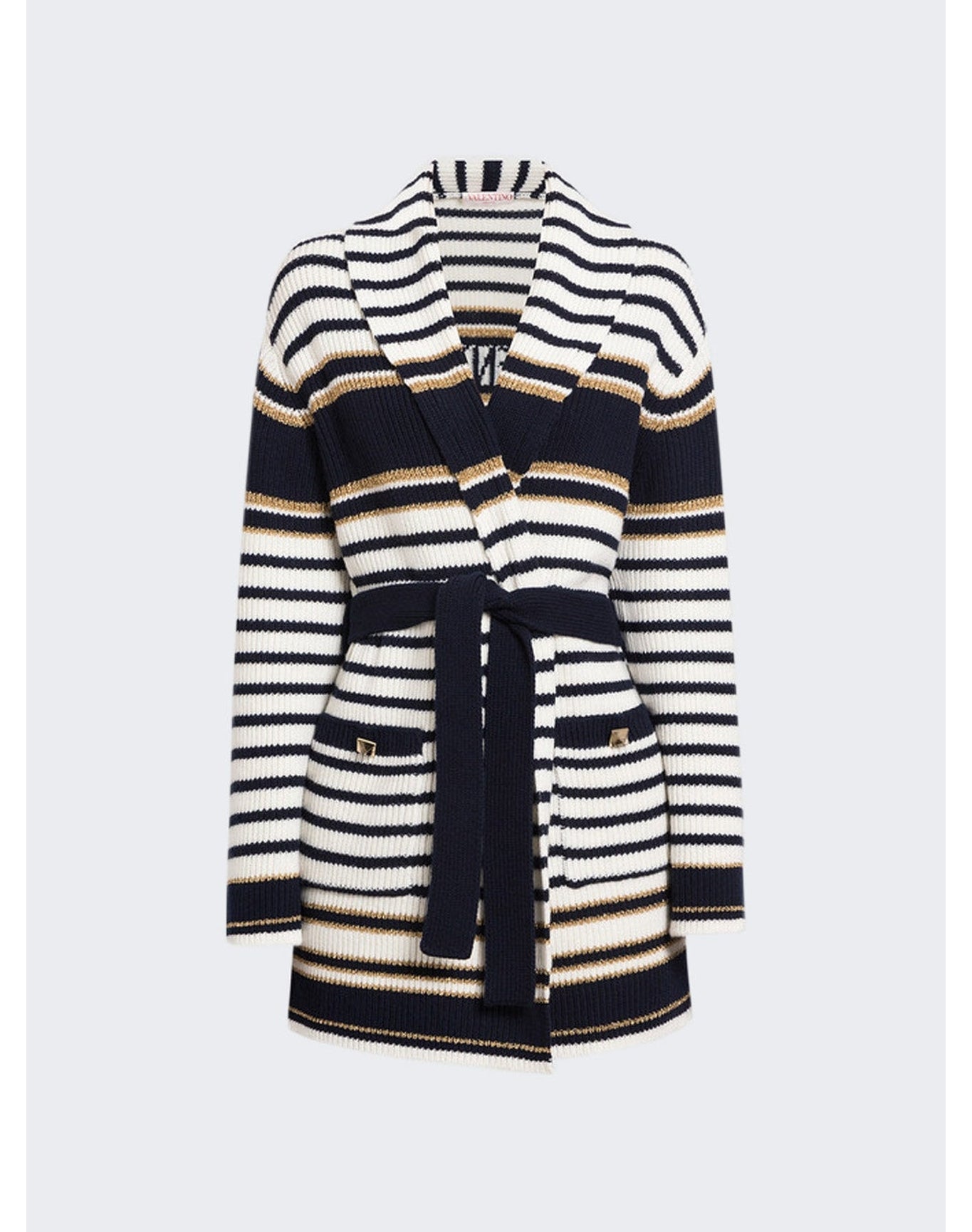 Valentino | Women | Wool Striped Long Cardigan | White x Navy