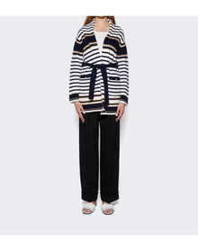 Valentino | Women | Wool Striped Long Cardigan | White x Navy