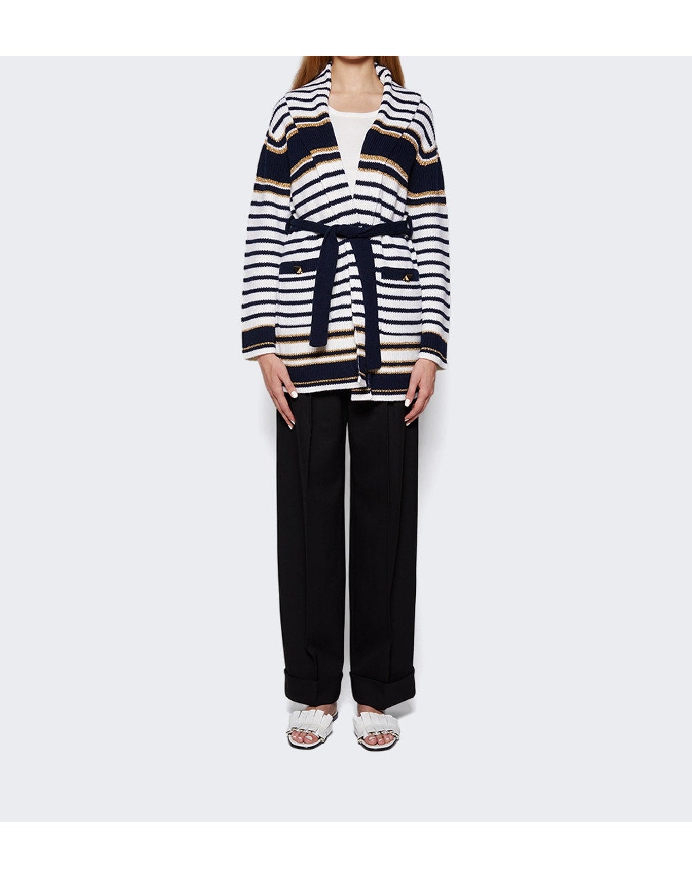 Valentino | Women | Wool Striped Long Cardigan | White x Navy