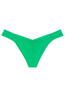 Green bikini bottom with ruched center detail and wide side straps.