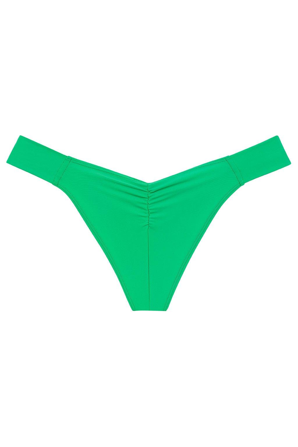 Green bikini bottom with ruched center detail and wide side straps.