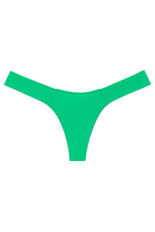 Bright green bikini bottom with wide side straps and thong-style cut displayed flat against white background.