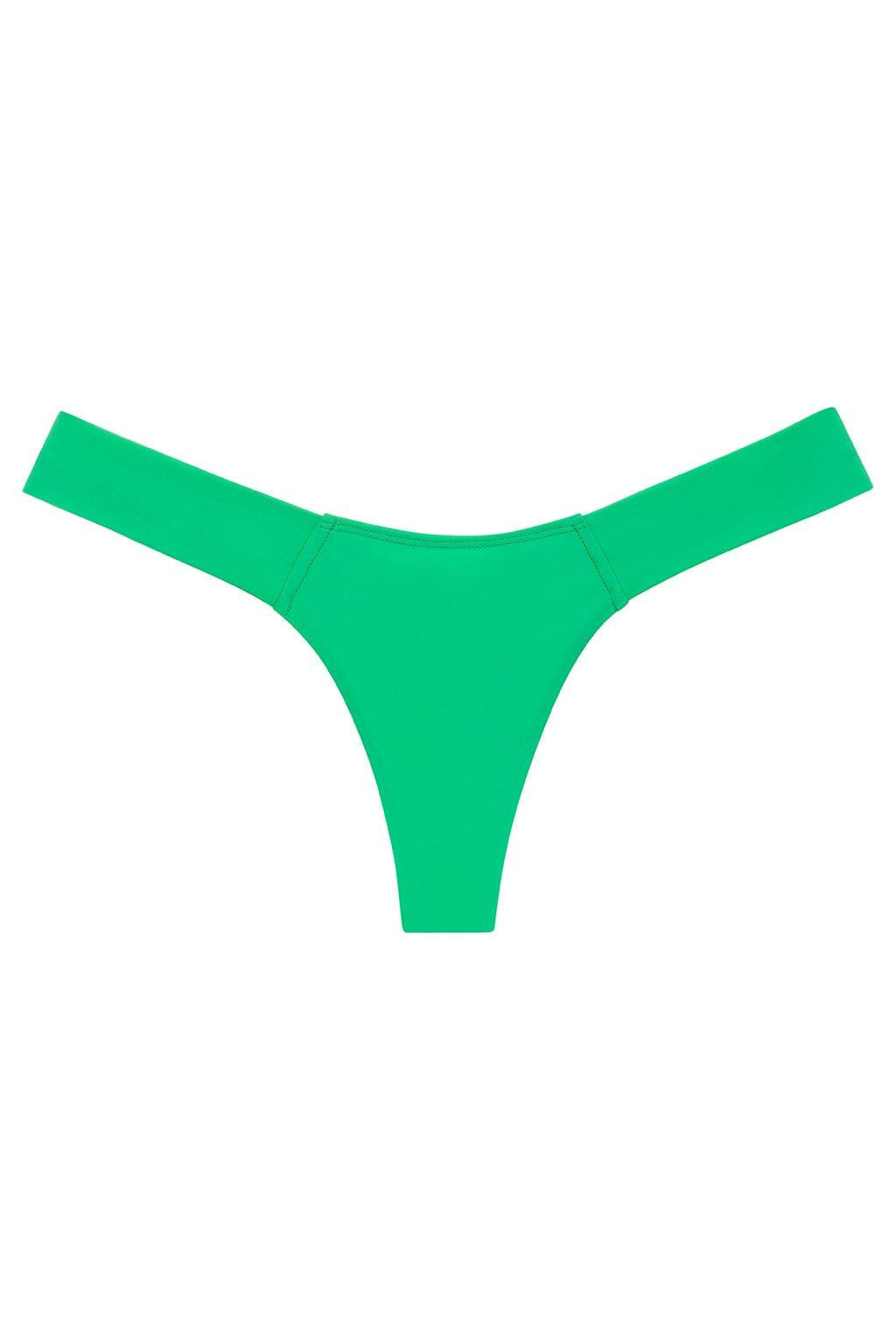 Bright green bikini bottom with wide side straps and thong-style cut displayed flat against white background.