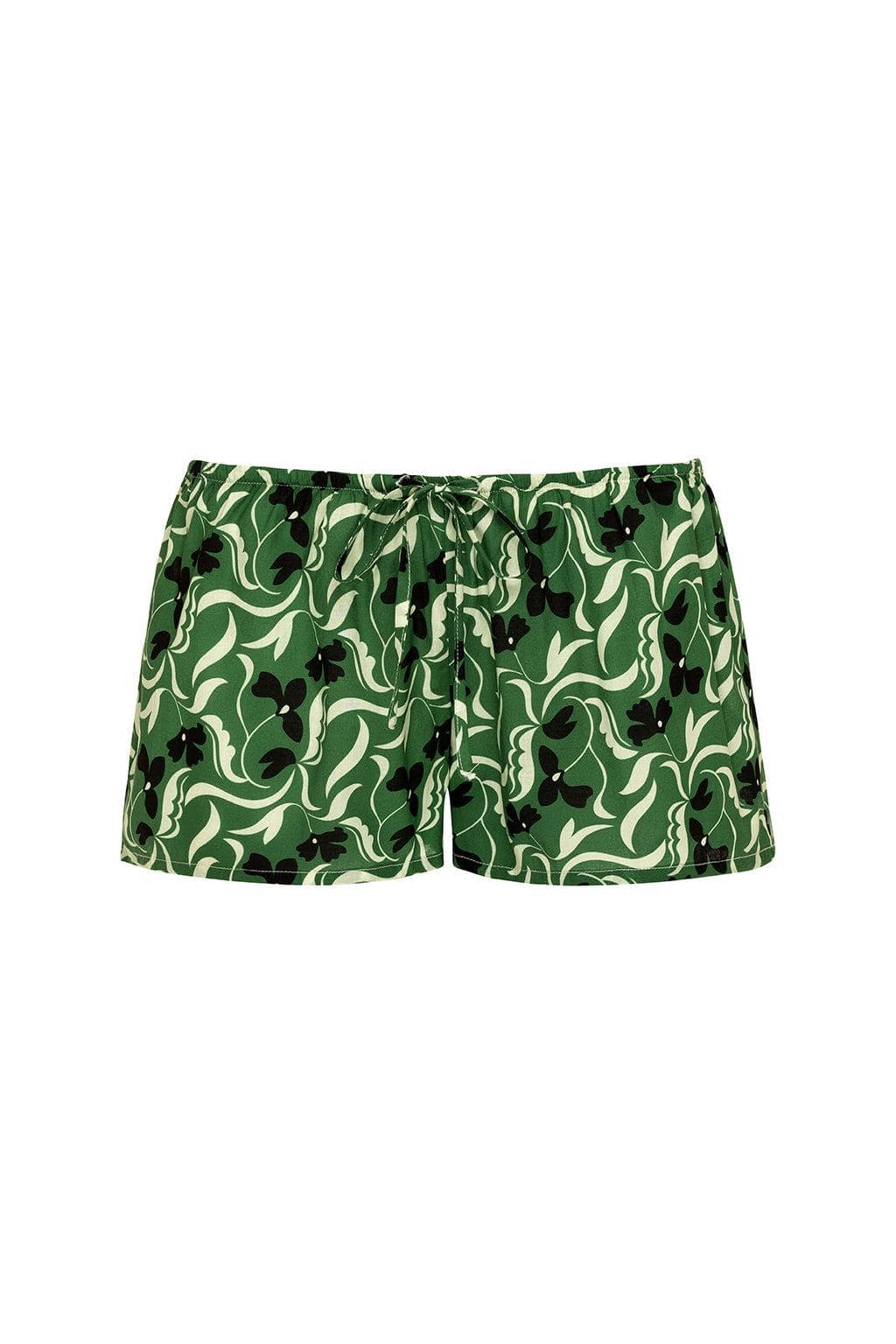 Green and cream floral patterned shorts with black accents and drawstring waistband.