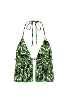Green and cream floral print halter tank top with black accents and tie-front closure.