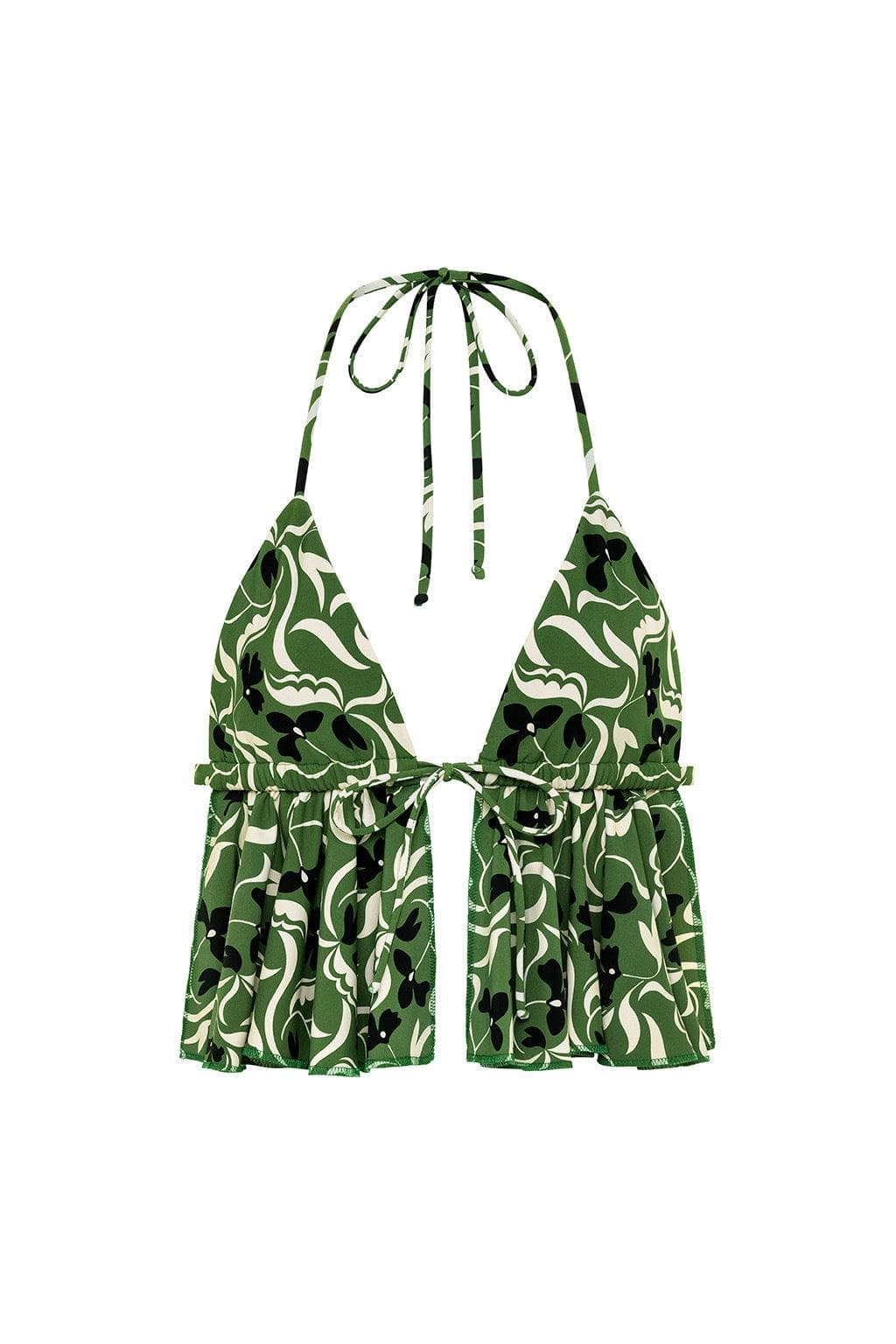 Green and cream floral print halter tank top with black accents and tie-front closure.