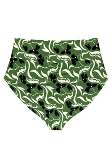 Green and black floral bikini bottom with white curved leaf pattern and high-rise waistband.