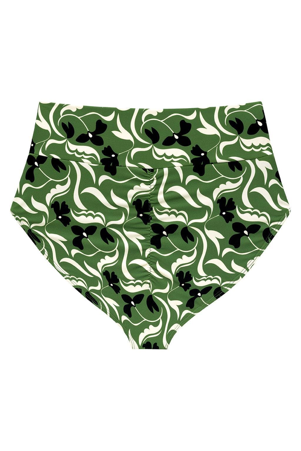 Green and black floral bikini bottom with white curved leaf pattern and high-rise waistband.