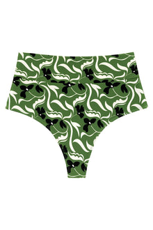 Green and white floral print high-rise bikini bottom with black leaf accents and full coverage design.