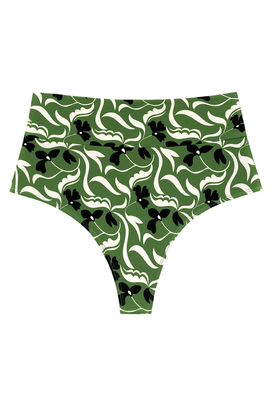 Green and white floral print high-rise bikini bottom with black leaf accents and full coverage design.