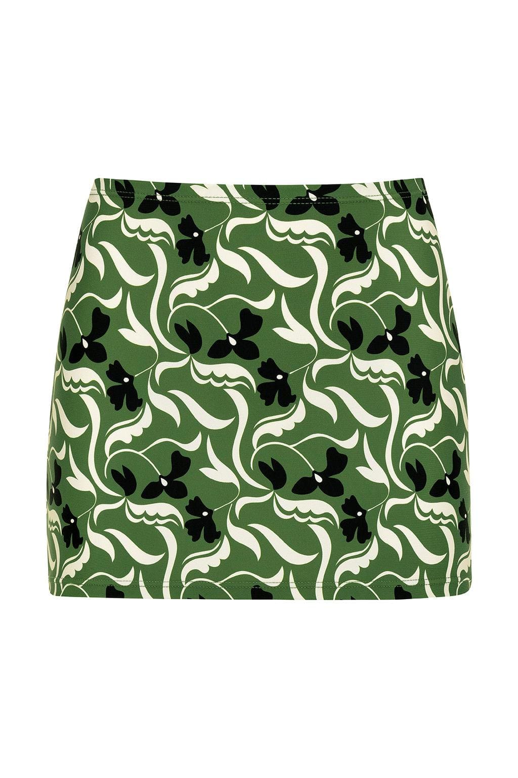 Green micro skirt with black and cream floral print throughout.