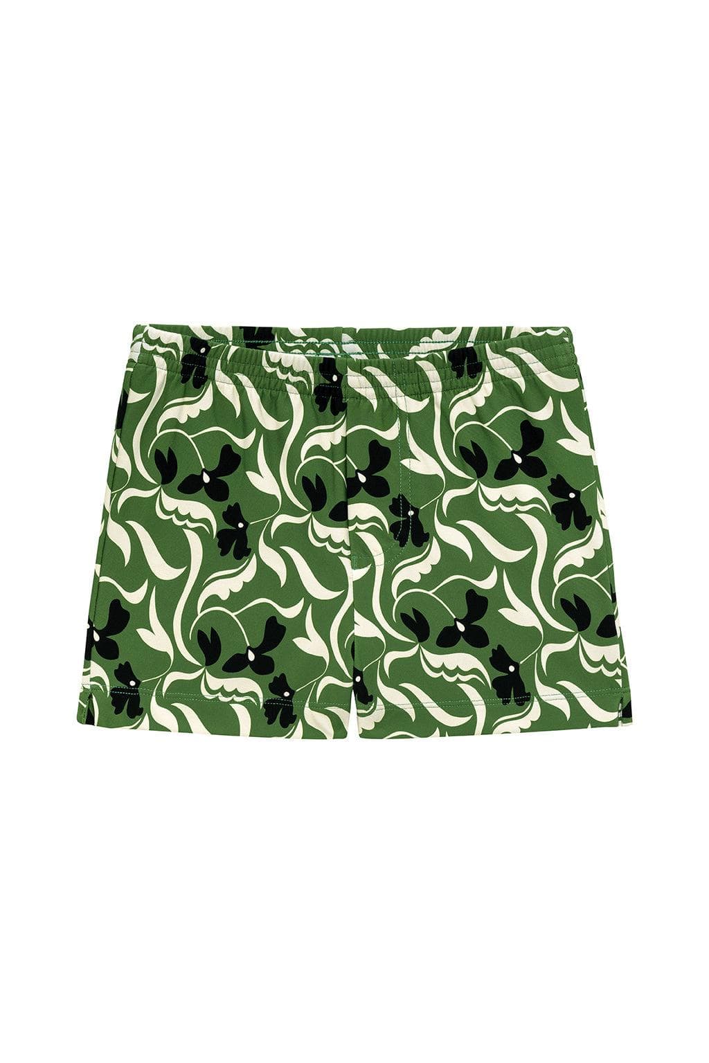 Green swim trunk with abstract floral pattern in black, cream, and light green with drawstring closure.