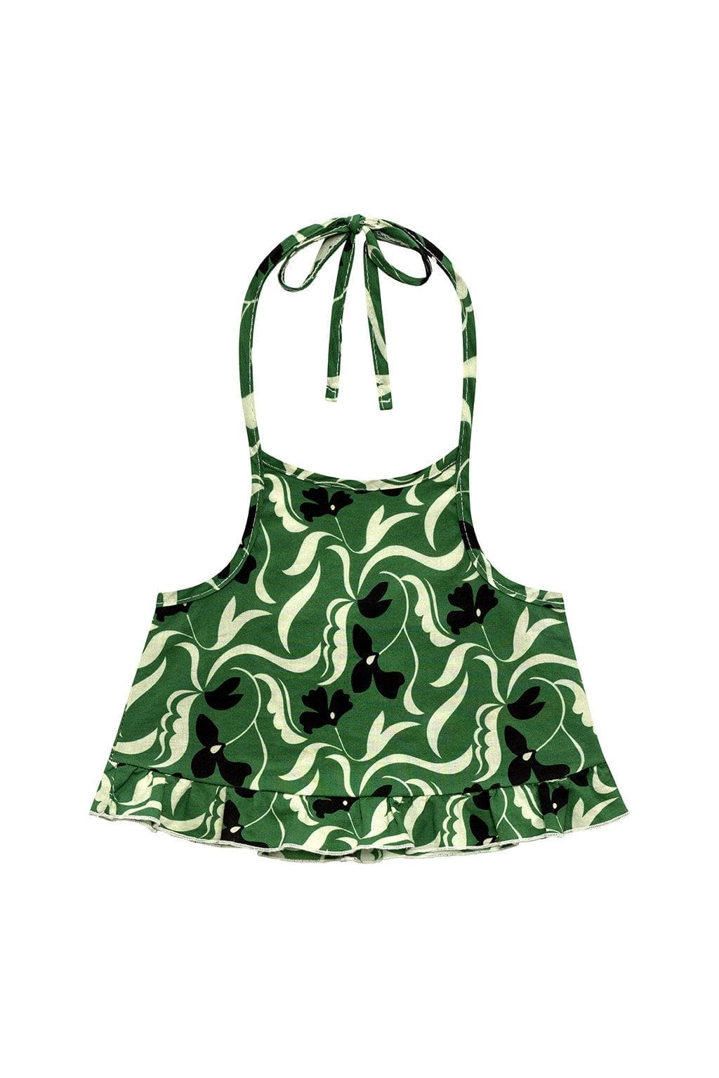 Green and cream halter baby top with black floral print and adjustable tie straps.