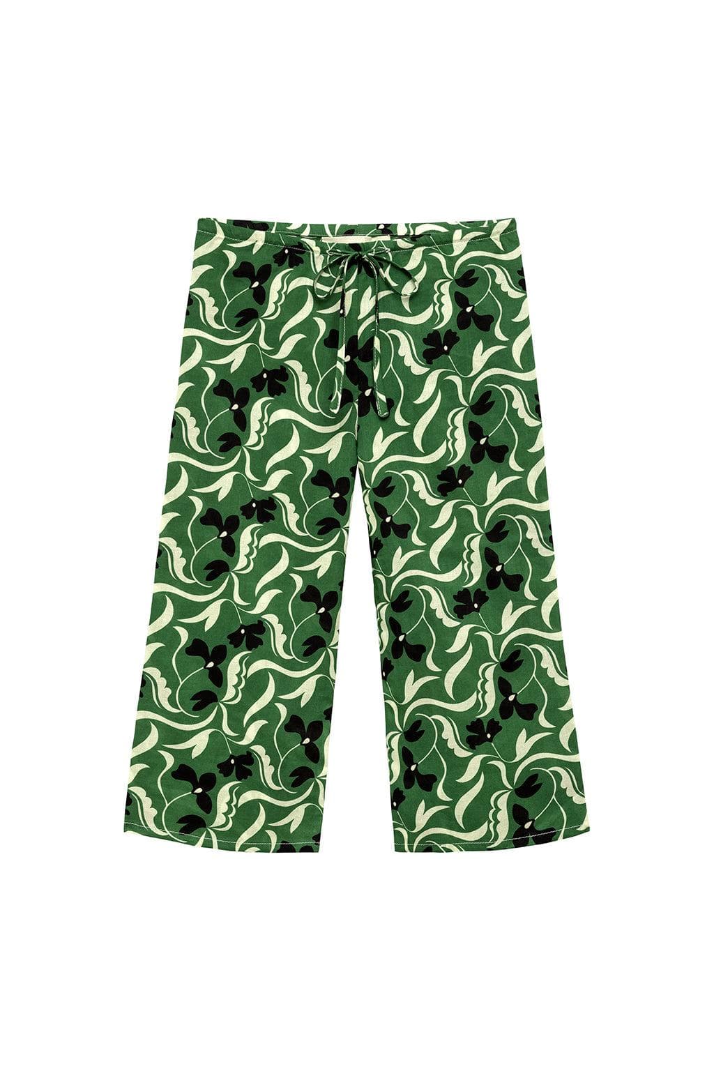 Wide leg pants in green with cream and black floral print and drawstring waist.