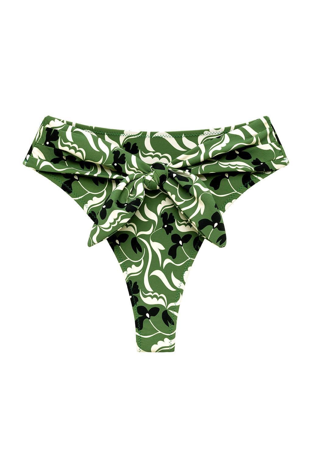 Green and white floral print bikini bottom with black flower accents and tie-up sides on ruffled waistband.