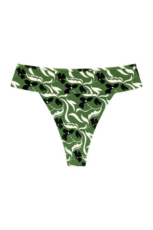 Green bikini bottom with black and white floral pattern and off-shoulder ruched design.