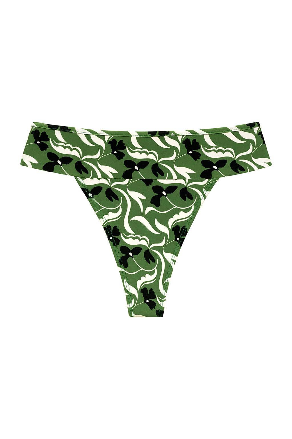 Green bikini bottom with black and white floral pattern and off-shoulder ruched design.