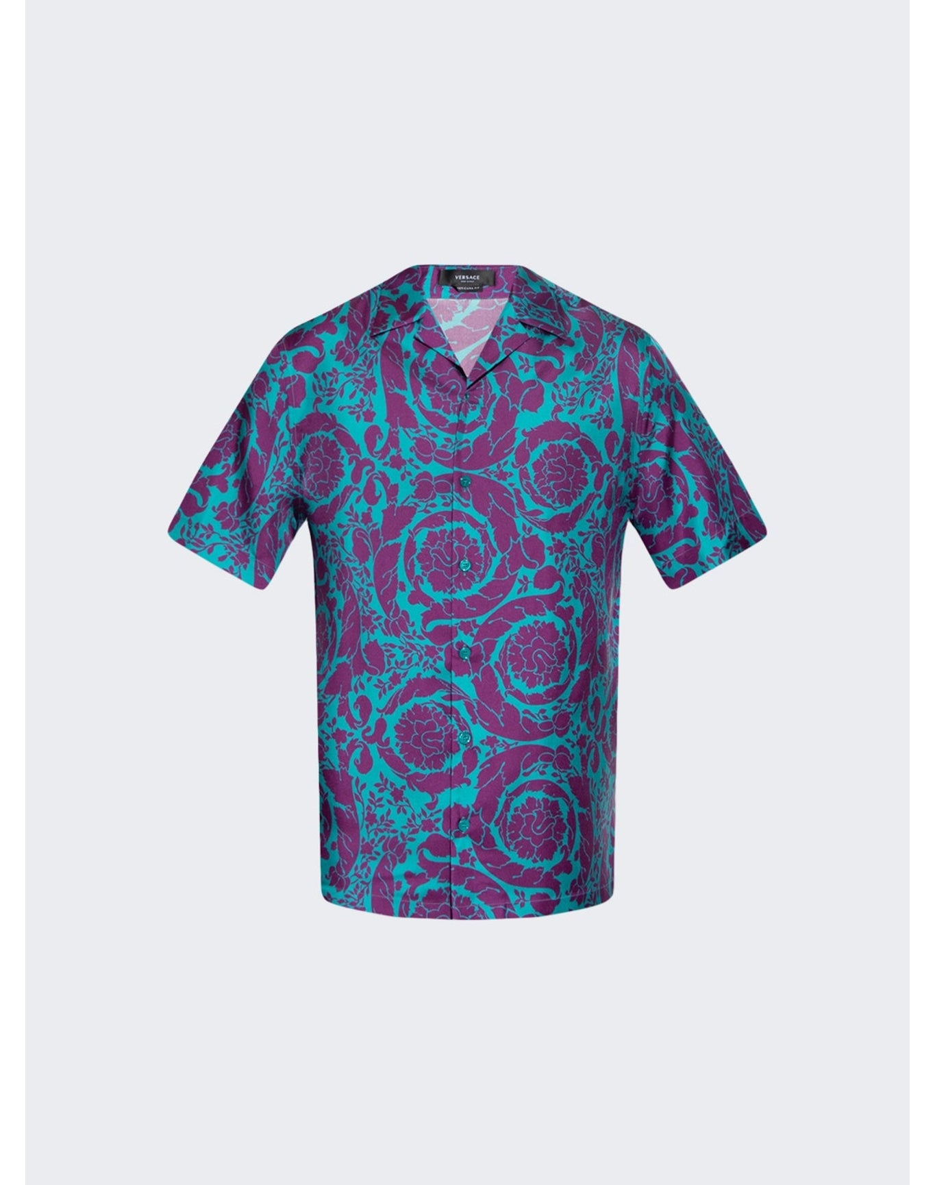 Versace | Men | Barocco Silhouette Silk Shirt | Teal x Plum