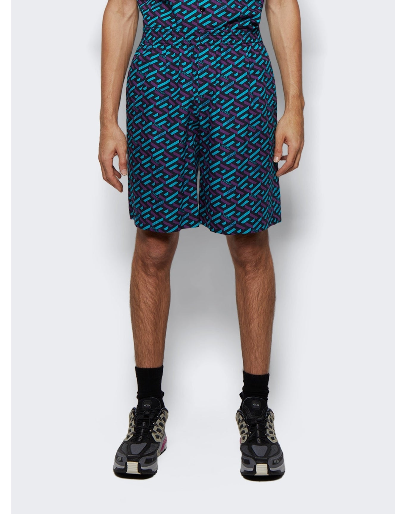 Versace | Men | Cotton Voile La Greca Shorts | Teal x Purple