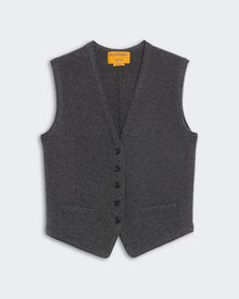 Tailored Vest - Charcoal sleeveless button-up vest with V-neck and two front pockets in dark gray fabric.