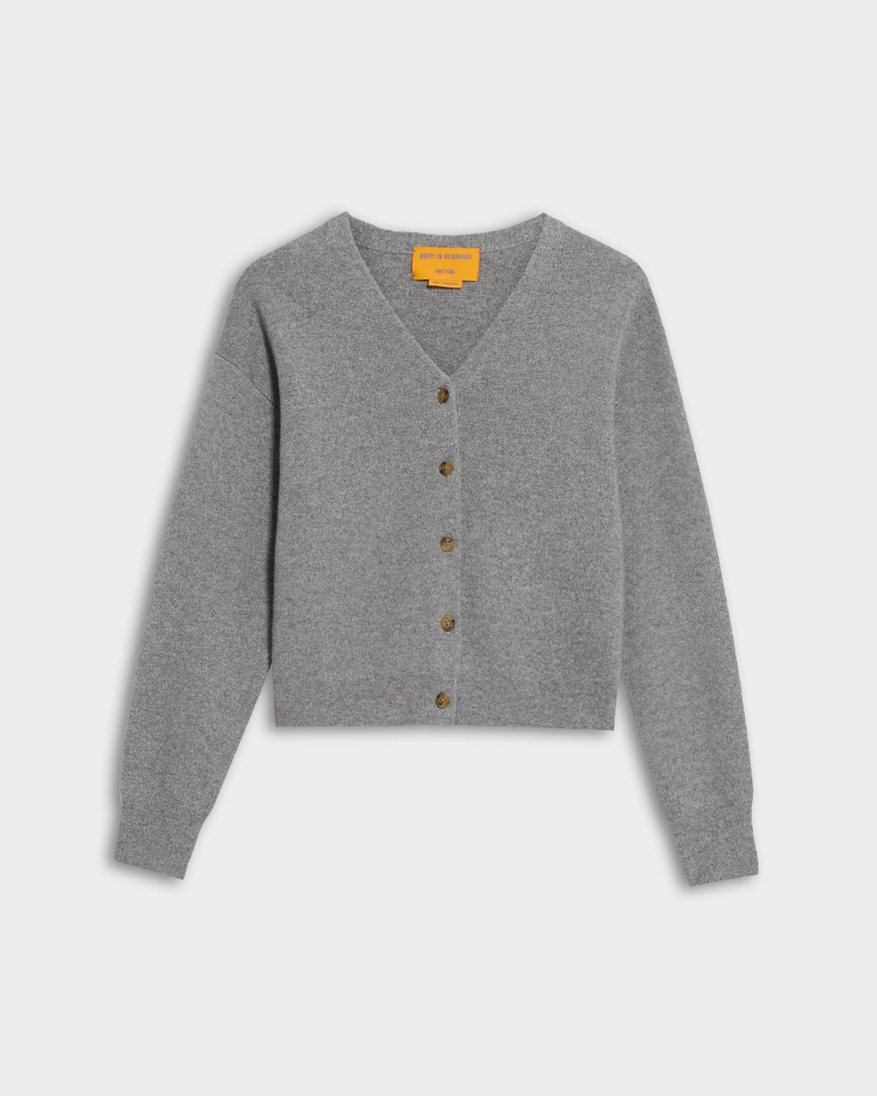 Collegiate Cardigan - Heather Grey women's V-neck cashmere cardigan with buttons and ribbed trim, true to size.