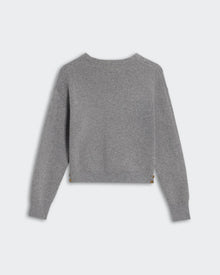 Collegiate Cardigan - Heather Grey women's V-neck cashmere sweater with side slit and button details shown from back.