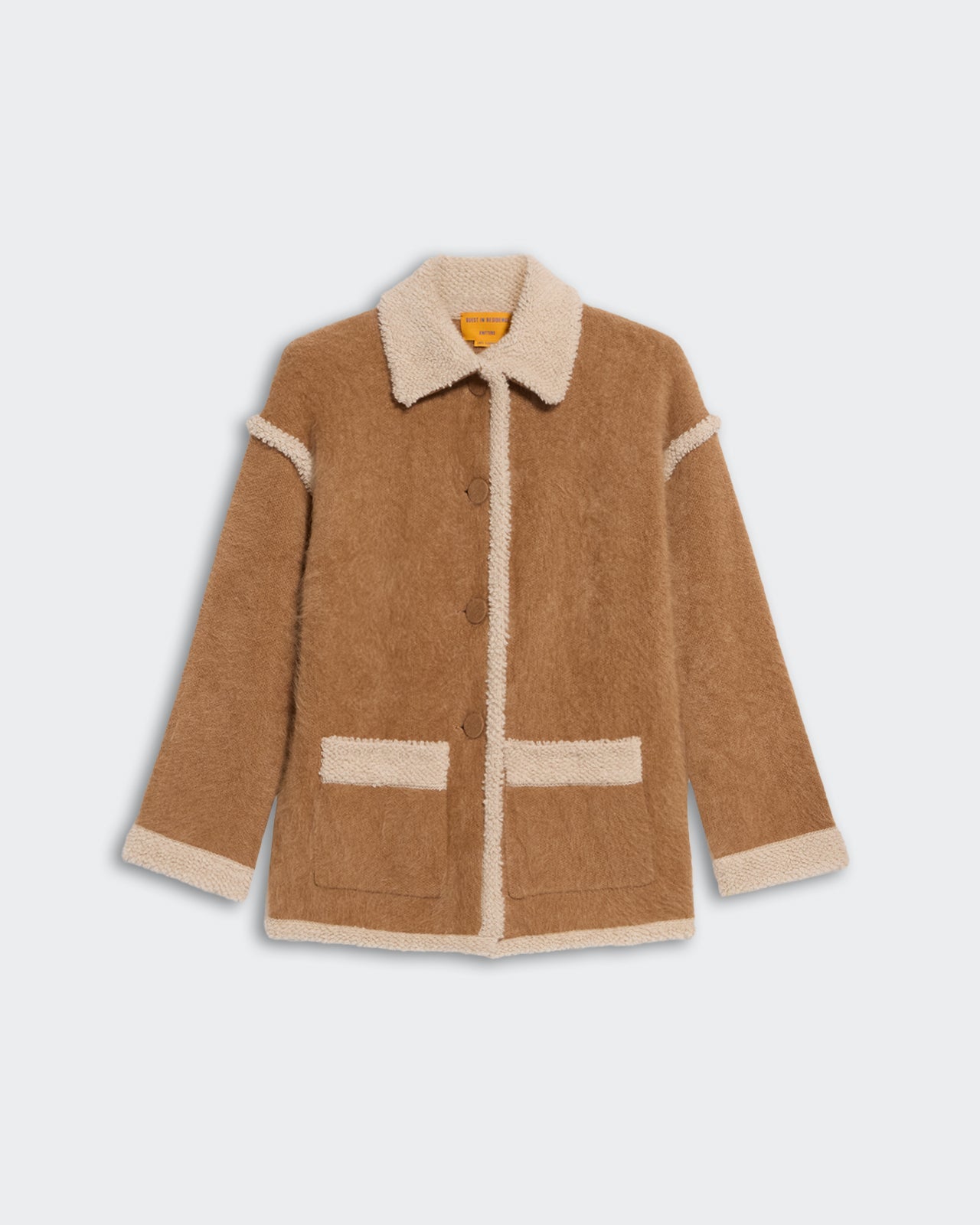 Grizzly Jacket - Almond/Oatmeal in soft textured fabric with contrast trim and button closure, cozy winter outerwear option.