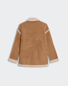 Grizzly Jacket - Almond/Oatmeal shown from the back with soft textured fabric and oatmeal trim on collar and cuffs.