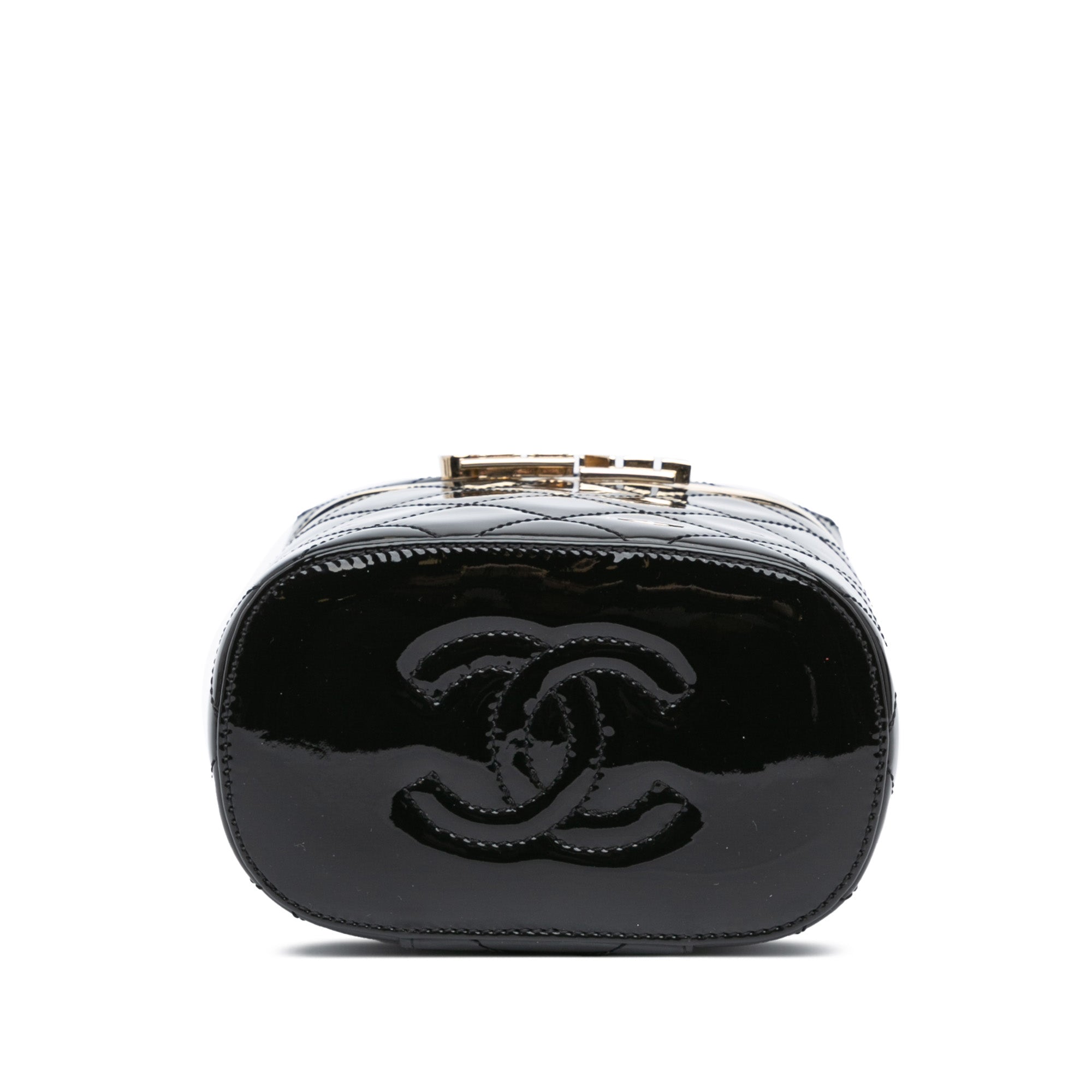 Chanel | Pre-Owned Quilted Patent Logo Chain Vanity Case | Black