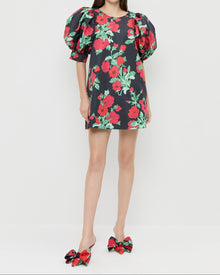 Willy Mini Dress in black floral faille material and Margot Black Floral Bow Mule.